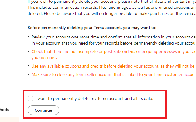 Step 3 - Delete A Temu Account 